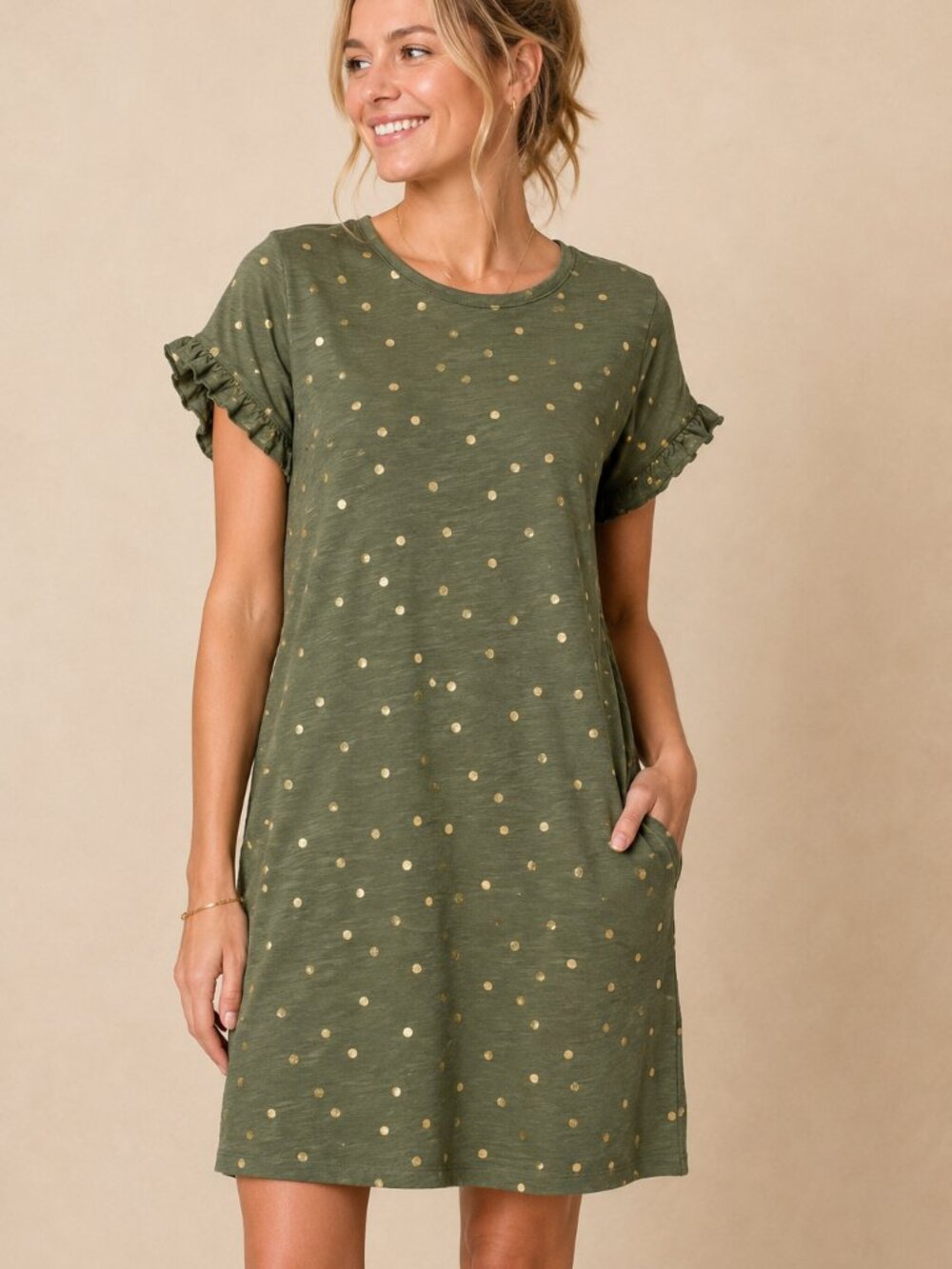 Boden Faye Whimsical Dress Cottagecore 8R Olive Metallic  Polka Dot Ruffle 1446